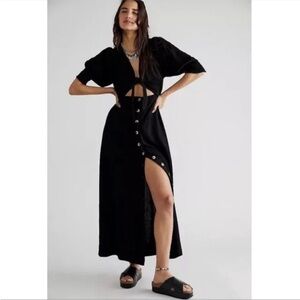 NWT Free people string of hearts black maxi dress with tie front & button front